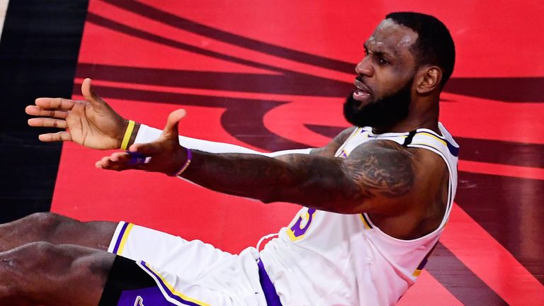 LeBron James appeals for a call in the Lakers' Game 3 loss to the Heat