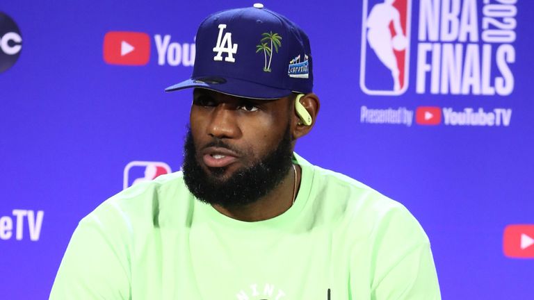 LeBron James speaks with reports during media availability ahead of Game 5 of the NBA Finals