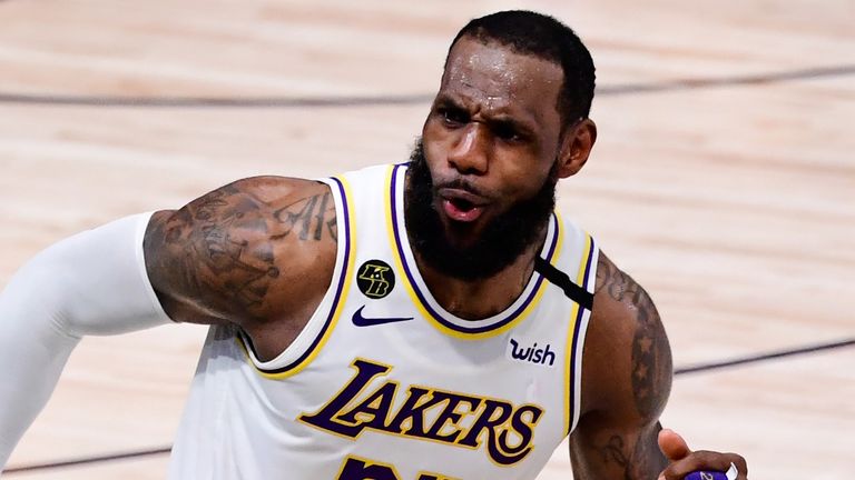 LeBron James celebrates a basket during the Los Angeles Lakers&#39; Game 6 win over the Miami Heat
