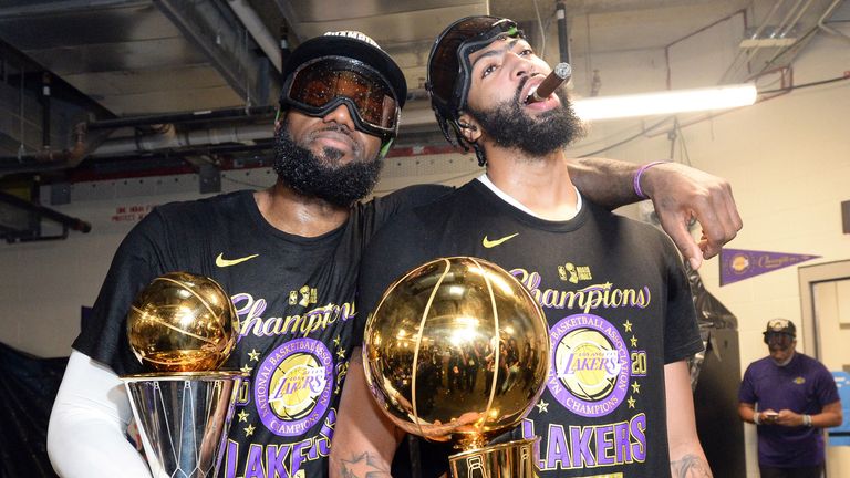 LeBron James and Anthony Davis celebrate the Los Angeles Lakers' championship win