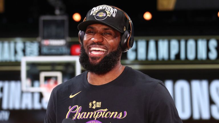 LeBron James laughs during a post-game interview following the Lakers' NBA title win