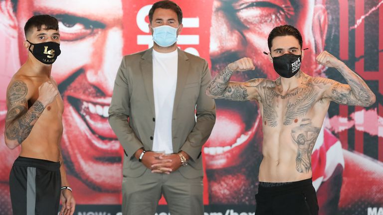 HANDOUT PICTURE COMPLIMENTS OF MATCHROOM BOXING.Lee Selby and George Kambosos Jr weigh in Ahead of their Final Eliminator for the IBF Lightweight World Title tomorrow night...30 October 2020.Picture By Mark Robinson