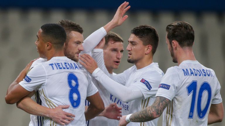 Leicester City players celebrate a goal against AEK Athens