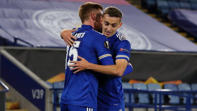 Harvey Barnes celebrates his strike with Timothy Castagne on Thursday