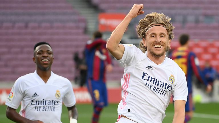 Luka Modric celebrates his goal in El Clasico