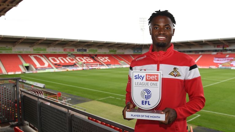 Picture Howard Roe/AHPIX LTD, Football, Sky Bet League One,.Doncaster Rovers .Keepmoat Stadium, Doncaster, UK, 08/10/2020, .Howard Roe 07973739229.Doncaster's Madger Gomes recieves EFL Player of the Month for September 2020