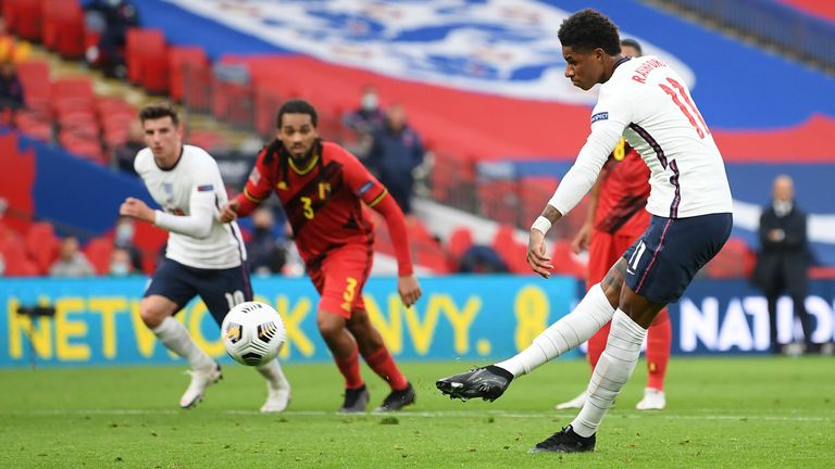 Marcus Rashford equalises for England against Belgium from the penalty spot