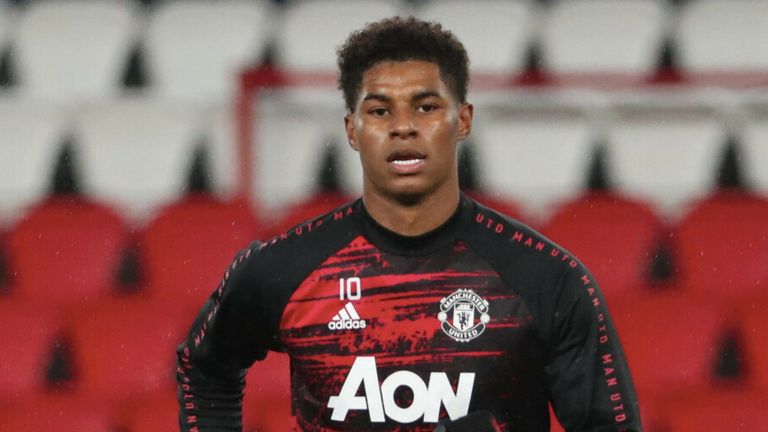 Manchester United forward Marcus Rashford pictured in his training kit ahead of Champions League match against PSG at Parc des Princes