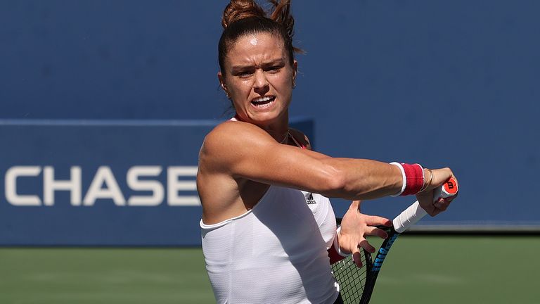 Maria Sakkari of Greece returns the ball during her Women's Singles fourth round match against Serena Williams of the United States on Day Eight of the 2020 US Open at the USTA Billie Jean King National Tennis Center on September 7, 2020 in the Queens borough of New York City.