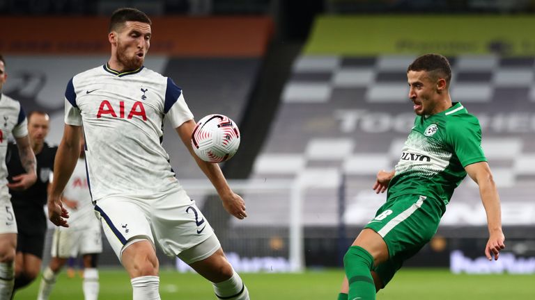 Spurs conceded a penalty against Maccabi Haifa when the ball struck Matt Doherty's arm at close range 