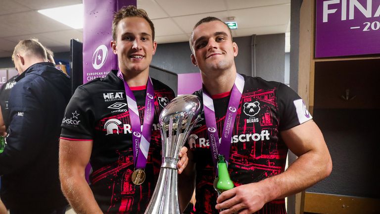 Bristol Bears' Max Malins and Ben Earl celebrate after winning their first European Rugby Challenge Cup.