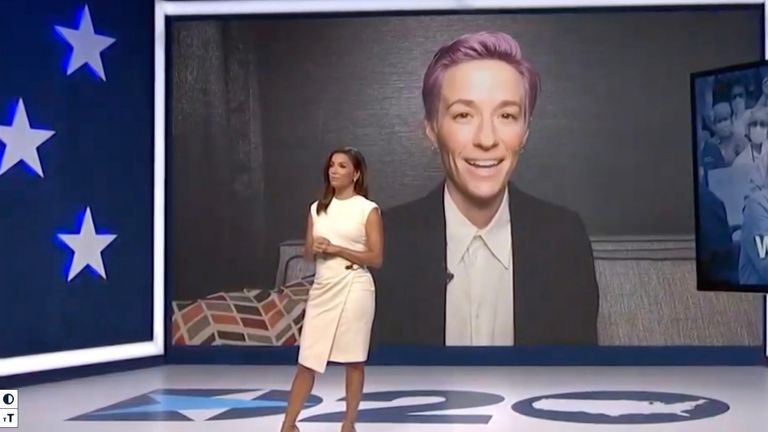 In this screenshot from the DNCC’s livestream of the 2020 Democratic National Convention, actress and activist Eva Longoria speaks with athlete Megan Rapinoe during the virtual convention on August 17, 2020. The convention, which was once expected to draw 50,000 people to Milwaukee, Wisconsin, is now taking place virtually due to the coronavirus pandemic.