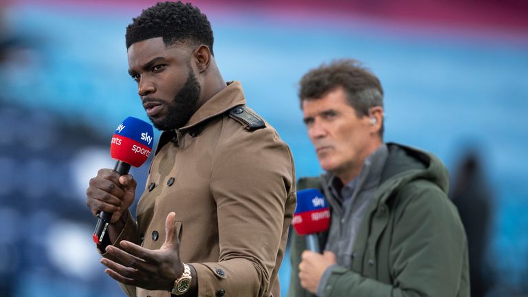 MANCHESTER, ENGLAND - JULY 02: Sky TV presenters Micah Richards and Roy Keane before the Premier League match between Manchester City and Liverpool FC at Etihad Stadium on July 2, 2020 in Manchester, United Kingdom. (Photo by Visionhaus)