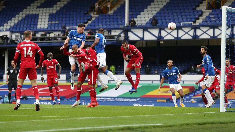 Michael Keane rises to head Everton level after 19 minutes in the first half