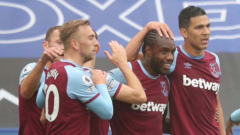 Michail Antonio celebrates scoring for West Ham vs Leicester