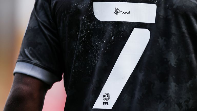 Detail of the mind charity logo on an EFL style number seven during the Carabao Cup First Round match between Walsall and Sheffield Wednesday at Banks Stadium on September 5, 2020 in Walsall, England.
