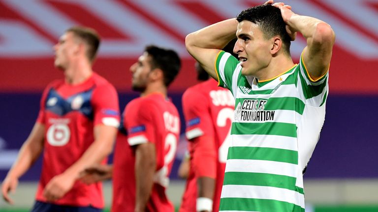 Celtic's Mohamed Elyounoussi looks dejected during as Lille come from 2-0 down to draw