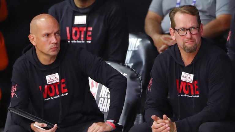 Nate Bjorkgren sits alongside Nick Nurse on the Toronto Raptors bench