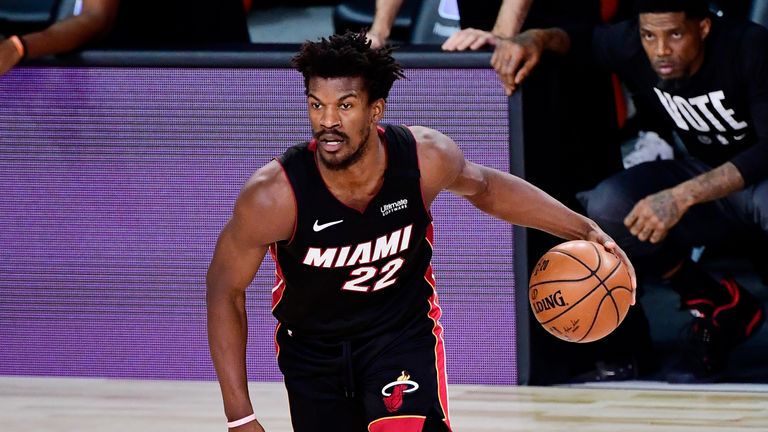 Jimmy Butler&#39;s impressive fadeaway jump shot over Kentavious Caldwell-Pope saw Miami open up an eight-point lead over the Los Angeles Lakers in the fourth quarter.