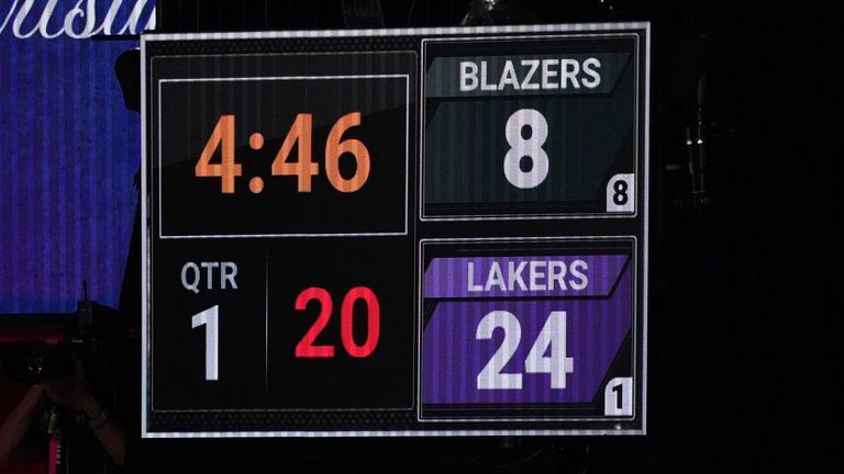 Kobe Bryant's jersey numbers 8 and 24 appeared on the scoreboard during a  Lakers-Blazers playoff game on August 24
