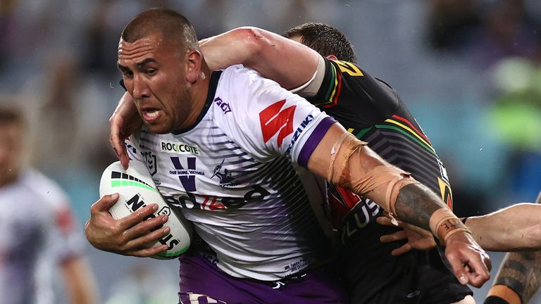 SYDNEY, AUSTRALIA - OCTOBER 25: Nelson Asofa-Solomona of the Storm is tackled during the 2020 NRL Grand Final match between the Penrith Panthers and the Melbourne Storm at ANZ Stadium on October 25, 2020 in Sydney, Australia. (Photo by Cameron Spencer/Getty Images)