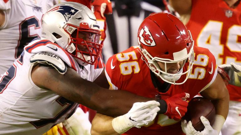 Ben Niemann #56 of the Kansas City Chiefs recovers a fumble against the New England Patriots in the third quarter at Arrowhead Stadium on October 05, 2020 in Kansas City, Missouri.
