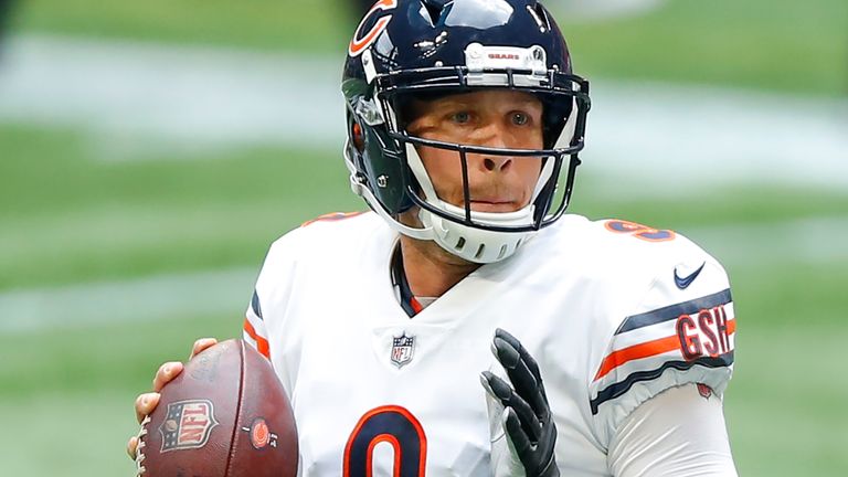 ATLANTA, GA - SEPTEMBER 27: Nick Foles #9 of the Chicago Bears passes during the second half of an NFL game against the Atlanta Falcons at Mercedes-Benz Stadium on September 27, 2020 in Atlanta, Georgia. (Photo by Todd Kirkland/Getty Images) *** Local Caption *** Nick Foles