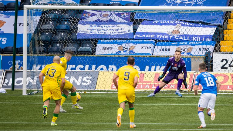 Kevin Nisbet  makes it 1-0 from the penalty spot beating Danny Rogers