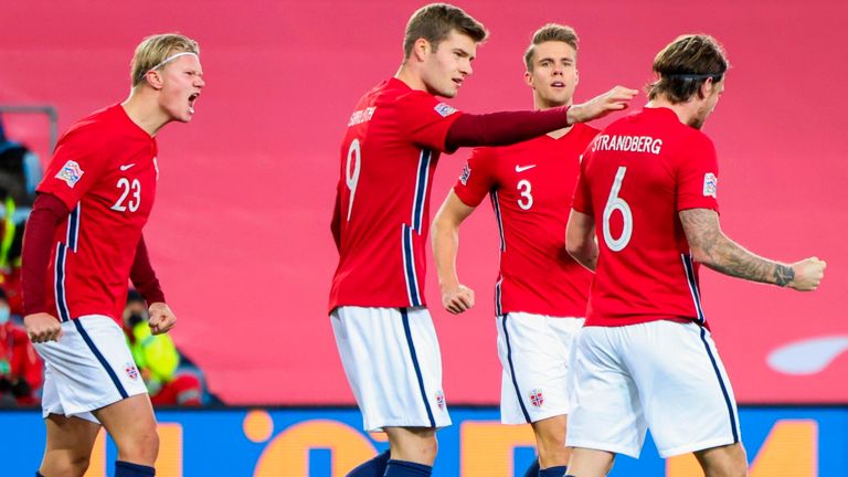 Norway's forward Erling Braut Haaland and his teammates celebrate after an own goal by Northern Ireland during the UEFA Nations League football match Norway v Northern Ireland in Oslo, Norway, on October 14, 2020. (Photo by Orn E. BORGEN / NTB / AFP) (Photo by ORN E. BORGEN/NTB/AFP via Getty Images)
