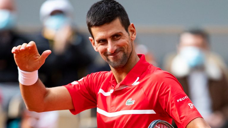 Novak Djokovic of Serbia celebrates his victory over Ricardas Berankis of Lithuania in the second round of the men’s singles at Roland Garros on October 01, 2020 in Paris, France