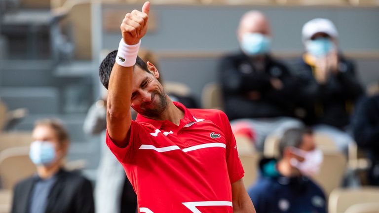 Novak Djokovic of Serbia celebrates his victory over Ricardas Berankis of Lithuania in the second round of the men’s singles at Roland Garros on October 01, 2020 in Paris, France. 