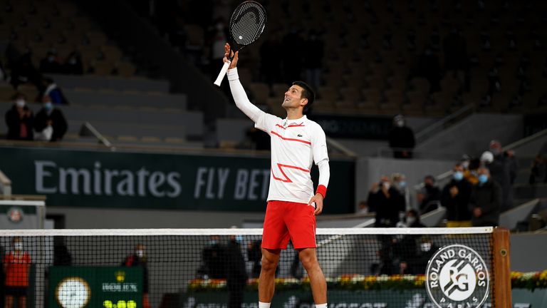 Novak Djokovic of Serbia celebrates victory following during his Men&#39;s Singles third round match against Daniel Elahi Galan of Colombia on day seven of the 2020 French Open at Roland Garros on October 03, 2020 in Paris, France.