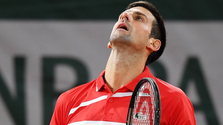 Novak Djokovic of Serbia reacts during his Men's Singles Final against Rafael Nadal of Spain on day fifteen of the 2020 French Open at Roland Garros on October 11, 2020 in Paris, France.