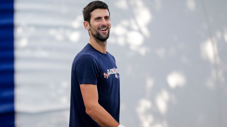 Novak Djokovic of Serbia reacts during the practice session at Novak Tennis Centre on October 22, 2020 in Belgrade, Serbia. 