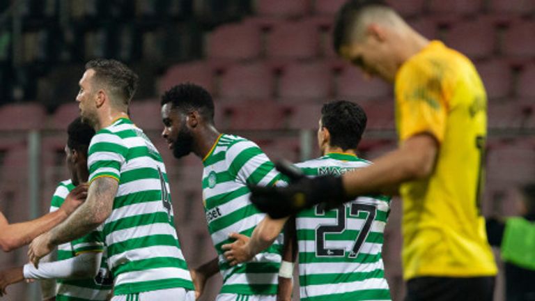 Odsonne Edouard is congratulated after scoring what proved a priceless goal for Celtic against Sarajevo