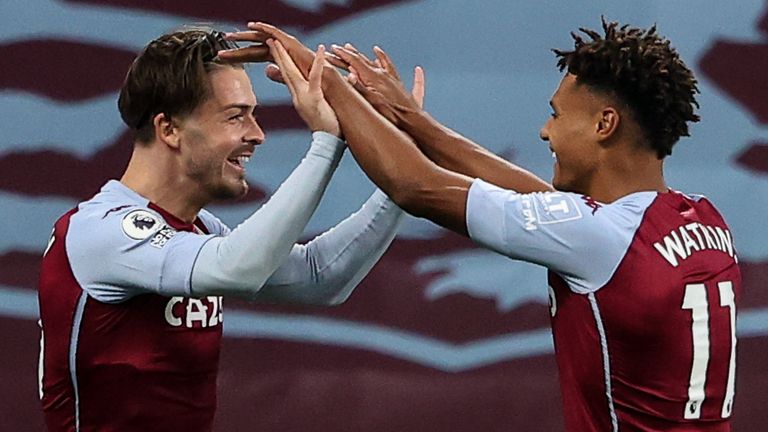 Ollie Watkins celebrates with Jack Grealish after putting Aston Villa ahead against Liverpool