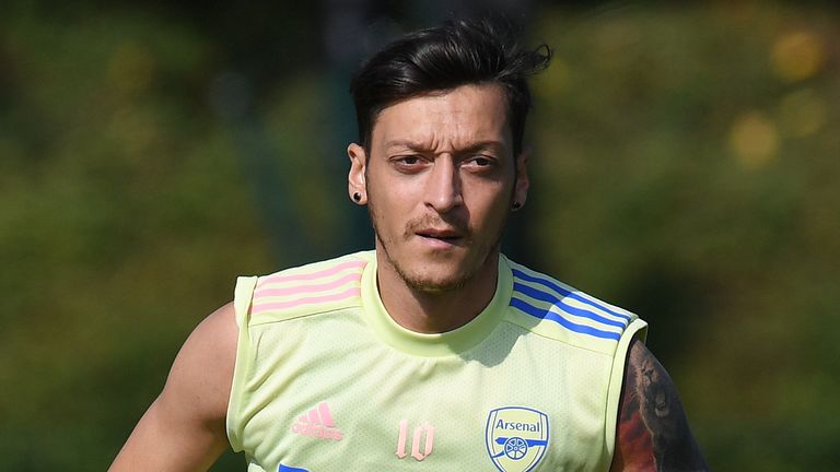 Mesut Ozil of Arsenal during a training session at London Colney on September 22, 2020 in St Albans, England.