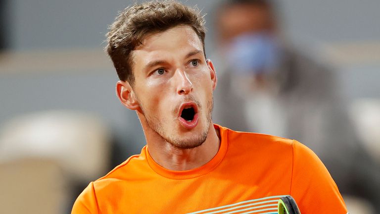 Pablo Carreno Busta of Spain celebrates after winning a point during his Men's Singles quarterfinals match against Novak Djokovic of Serbia on day eleven of the 2020 French Open at Roland Garros on October 07, 2020 in Paris, France.