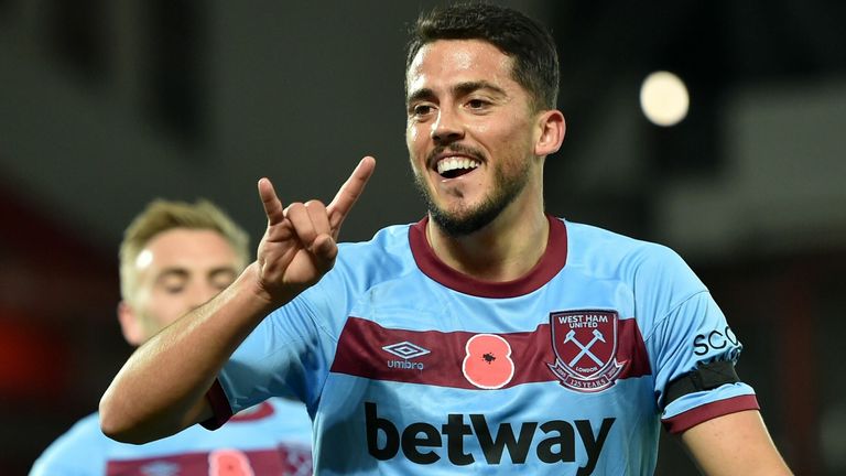 Pablo Fornals celebrates scoring for West Ham vs Liverpool