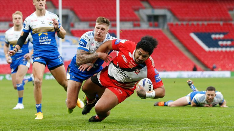 Pauli Pauli crashes through for a second-half try for Salford