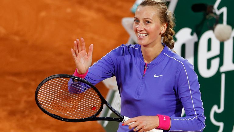 Czech Republic's Petra Kvitova celebrates after winning against Canada's Leylah Fernandez at the end of their women's singles third round tennis match on Day 7 of The Roland Garros 2020 French Open tennis tournament in Paris on October 3, 2020.