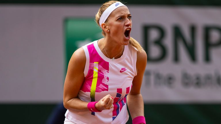 Petra Kvitova of the Czech Republic celebrates during her match against Laura Siegemund of Germany in the quarter finals of the women’s singles at Roland Garros on October 07, 2020 in Paris, France.