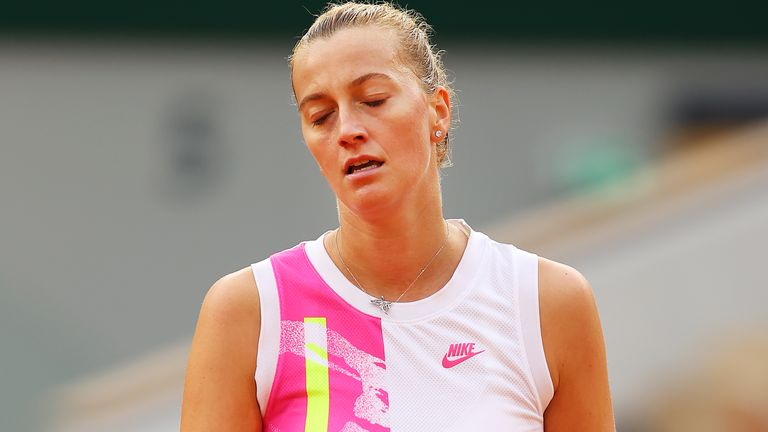 Petra Kvitova of Czech Republic reacts during her Women's Singles semifinals match against Sofia Kenin of The United States of America on day twelve of the 2020 French Open at Roland Garros on October 08, 2020 in Paris, France.