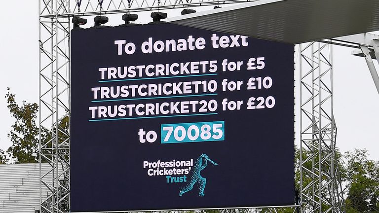 OCTOBER 04: Professional Cricketers Trust branding is seen as rain delays play during the Vitality Blast 2020 Semi Final match between Surrey and Gloucestershire at Edgbaston on October 04, 2020 in Birmingham, England. 