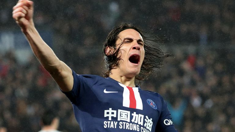  Edinson Cavani of Paris Saint-Germain (PSG) celebrates its two hundredths goal during the Ligue 1 match between Paris Saint-Germain and Girondins Bordeaux at Parc des Princes on February 23, 2020 in Paris, France