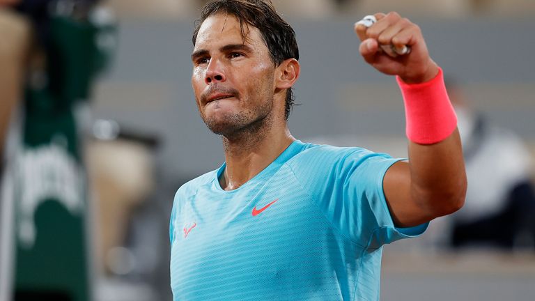 Rafael Nadal of Spain celebrates after winning match point during his Men's Singles third round match against Stefano Travaglia of Italy on day six of the 2020 French Open at Roland Garros on October 02, 2020 in Paris, France