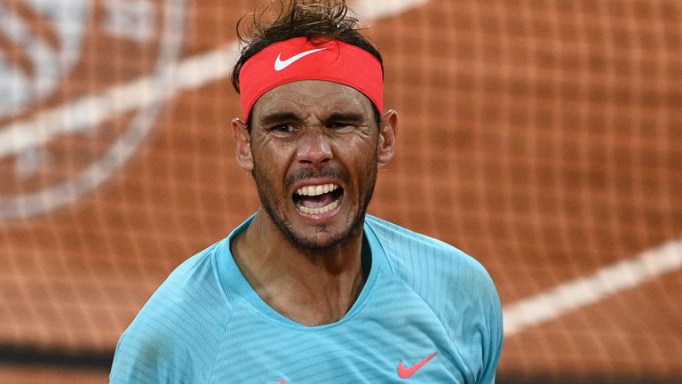 Spain's Rafael Nadal celebrates after winning against Italy's Jannik Sinner at the end of their men's singles quarter-final tennis match on Day 10 of The Roland Garros 2020 French Open tennis tournament in Paris on October 6, 2020.