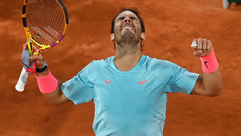 Rafael Nadal of Spain celebrates after winning match point during his Men's Singles quarterfinals match against Jannik Sinner of Italy on day ten of the 2020 French Open at Roland Garros on October 06, 2020 in Paris, France