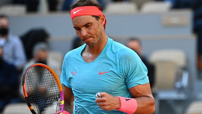 Spain's Rafael Nadal reacts as he plays against Argentina's Diego Schwartzman during their men's singles semi-final tennis match on Day 13 of The Roland Garros 2020 French Open tennis tournament in Paris on October 9, 2020.