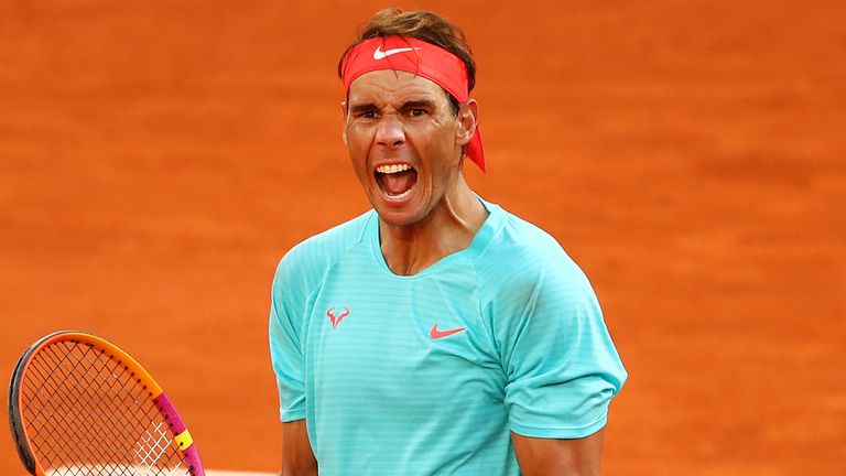 Rafael Nadal of Spain celebrates after winning a point during his Men's Singles semifinals match against Diego Schwartzman of Argentina on day thirteen of the 2020 French Open at Roland Garros on October 09, 2020 in Paris, France.